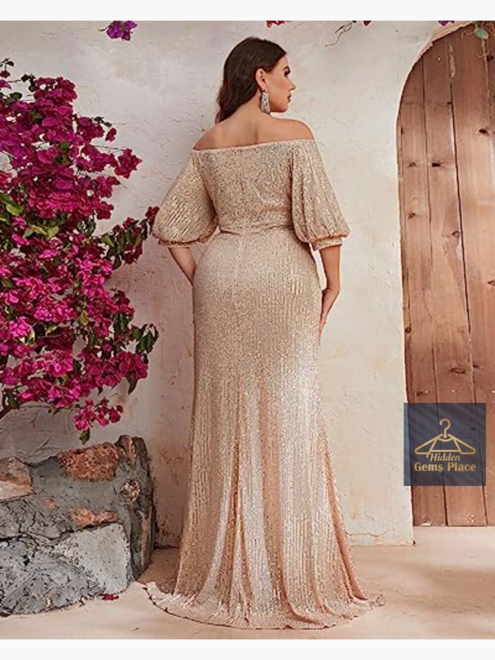 Plus Size Off Shoulder Puff Sleeve Sequin Maxi Dress Formal Evening Gown - Picture 5 of 6